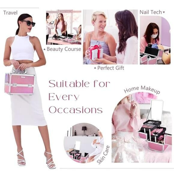 Makeup Train Case Pink Travel Cosmetic Box Lockable Organizer with Mirror - Picture 3 of 7